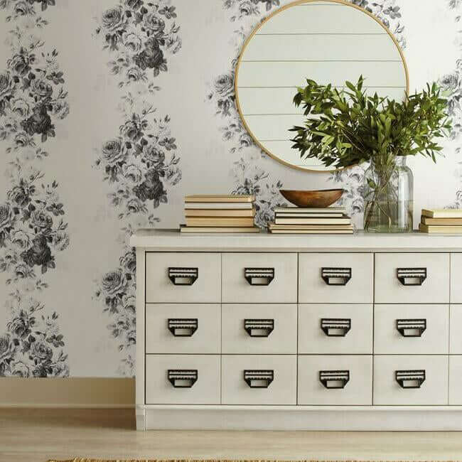 magnolia-home-tea-rose-white-black-peel-stick-wallpaper-york-wallcoverings-psw1157rl - York Wallcoverings Wallpaper