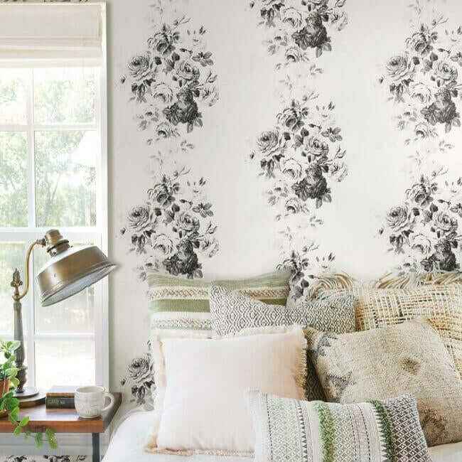 Magnolia Home Tea Rose White & Black Peel & Stick Wallpaper - York Wallcoverings - PSW1157RL - York Wallcoverings Wallpaper