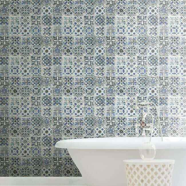 Encaustic Tile Blue Peel & Stick Wallpaper - York Wallcoverings - PSW1302RL - York Wallcoverings Wallpaper