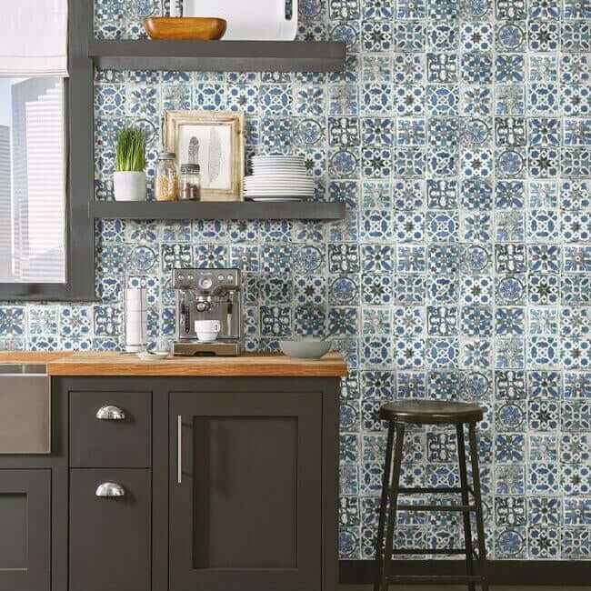 Encaustic Tile Blue Peel & Stick Wallpaper - York Wallcoverings - PSW1302RL - York Wallcoverings Wallpaper