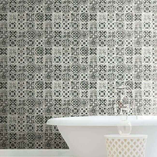 Encaustic Tile Black Peel & Stick Wallpaper - York Wallcoverings - PSW1303RL - York Wallcoverings Wallpaper
