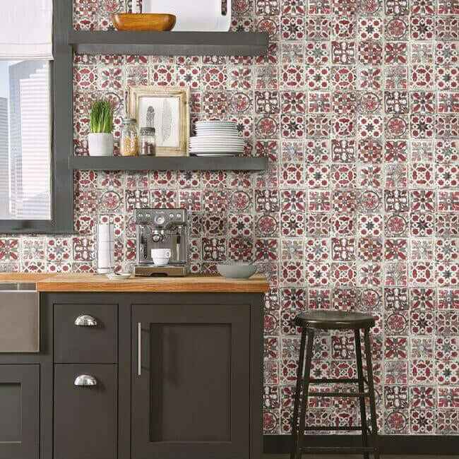 Encaustic Tile Red Peel & Stick Wallpaper - York Wallcoverings - PSW1300RL - York Wallcoverings Wallpaper