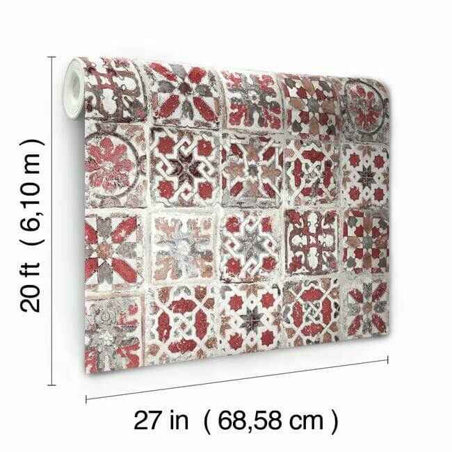Encaustic Tile Red Peel & Stick Wallpaper - York Wallcoverings - PSW1300RL - York Wallcoverings Wallpaper