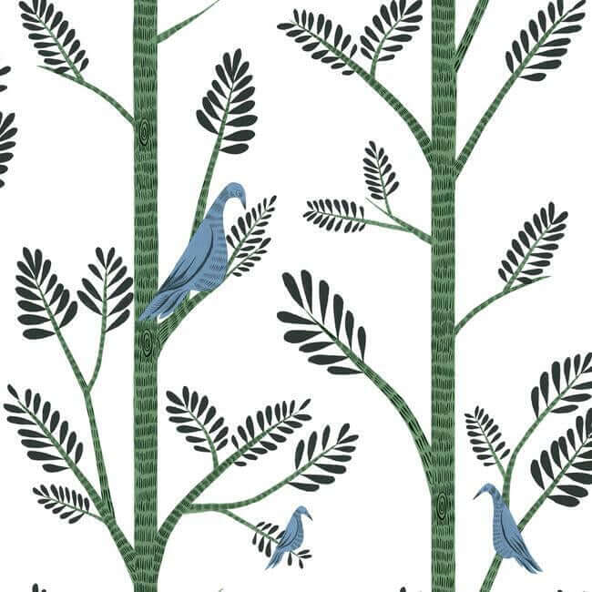 aviary-branch-blue-green-peel-stick-wallpaper-york-wallcoverings-psw1237rl - York Wallcoverings Wallpaper