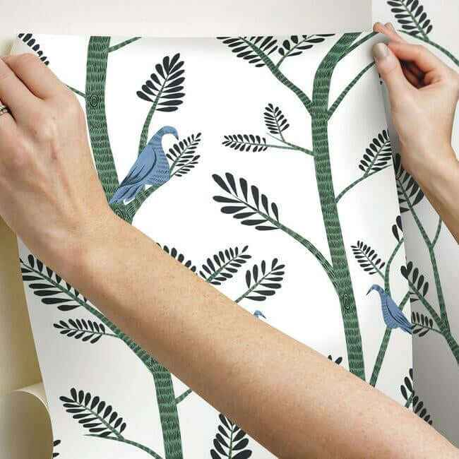 Aviary Branch Blue & Green Peel & Stick Wallpaper - York Wallcoverings - PSW1237RL - York Wallcoverings Wallpaper