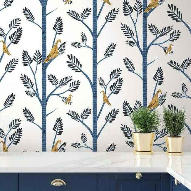 Aviary Branch Blue & Yellow Peel & Stick Wallpaper - York Wallcoverings - PSW1236RL - York Wallcoverings Wallpaper