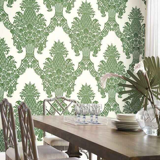 Pineapple Plantation Green & White Wallpaper - York Wallcoverings - DM4976 - York Wallcoverings Wallpaper