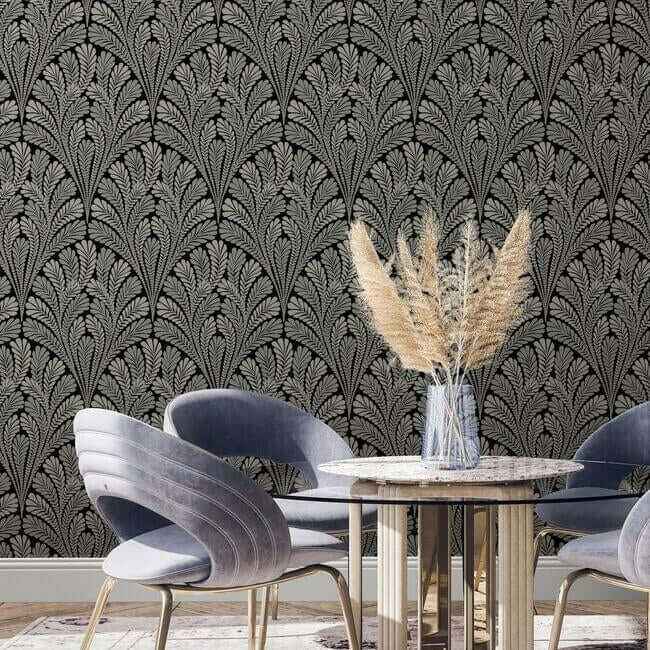 Shell Damask Black Wallpaper - York Wallcoverings - BW3951 - York Wallcoverings Wallpaper