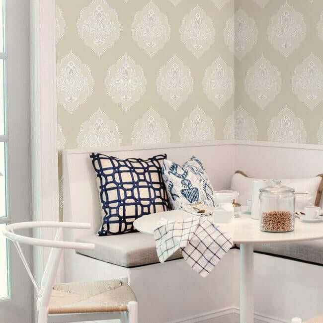 Signet Medallion Damask Beige Wallpaper - York Wallcoverings - DM4983 - York Wallcoverings Wallpaper