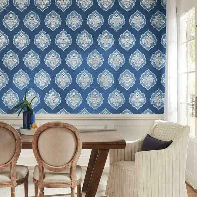 Signet Medallion Damask Blue Wallpaper - York Wallcoverings - DM4986 - York Wallcoverings Wallpaper