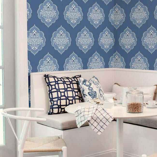 Signet Medallion Damask Blue Wallpaper - York Wallcoverings - DM4986 - York Wallcoverings Wallpaper