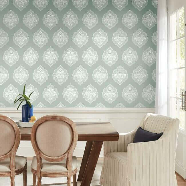 signet-medallion-damask-wallpaper-eucalyptus-york-wallcoverings-dm4982 - York Wallcoverings Wallpaper