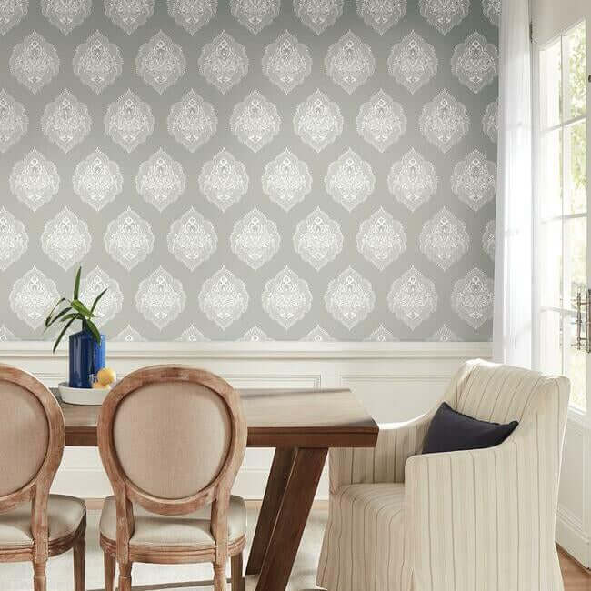 signet-medallion-damask-grey-wallpaper-york-wallcoverings-dm4984 - York Wallcoverings Wallpaper