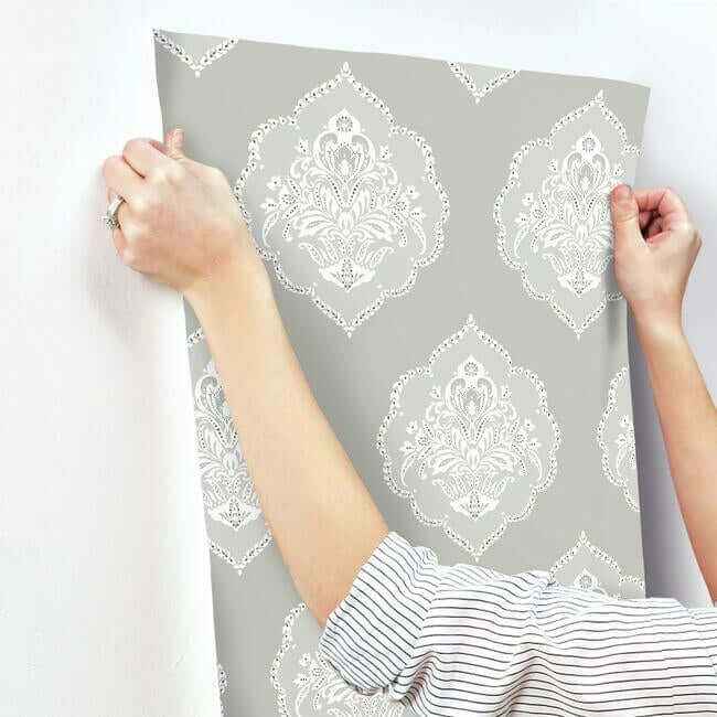 Signet Medallion Damask Grey Wallpaper - York Wallcoverings - DM4984 - York Wallcoverings Wallpaper