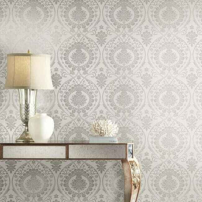 Imperial Damask Grey & Silver Wallpaper - York Wallcoverings - DM4904 - York Wallcoverings Wallpaper