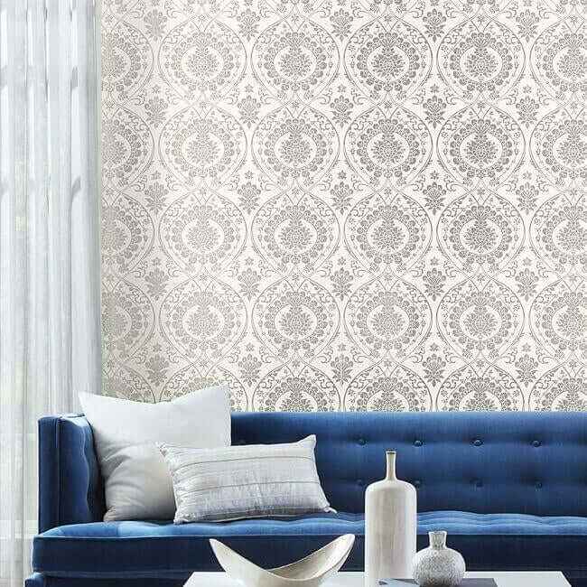 Imperial Damask White & Silver Wallpaper - York Wallcoverings - DM4905 - York Wallcoverings Wallpaper