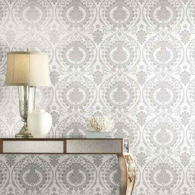 Imperial Damask White & Silver Wallpaper - York Wallcoverings - DM4905 - York Wallcoverings Wallpaper