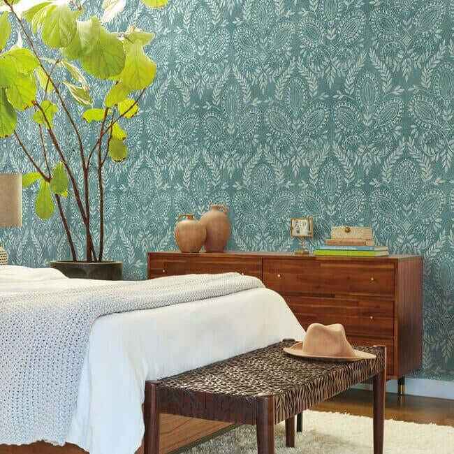 Laurel Damask Teal Wallpaper - York Wallcoverings - BO6735 - York Wallcoverings Wallpaper