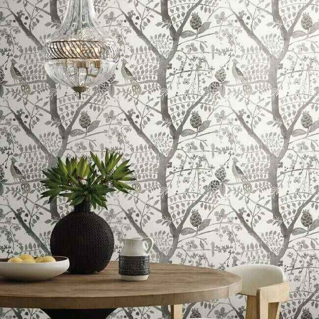 Peacock Block Print Grey Wallpaper - York Wallcoverings - BO6633 - York Wallcoverings Wallpaper