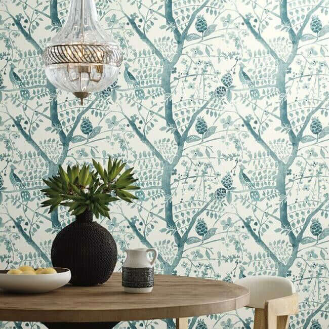 peacock-block-print-teal-wallpaper-york-wallcoverings-bo6632 - York Wallcoverings Wallpaper