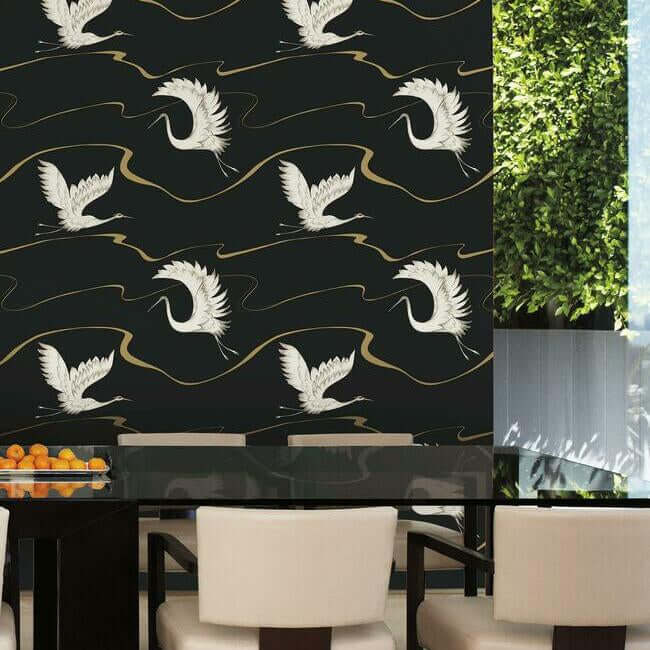 soaring-cranes-black-gold-wallpaper-york-wallcoverings-bw3871 - York Wallcoverings Wallpaper
