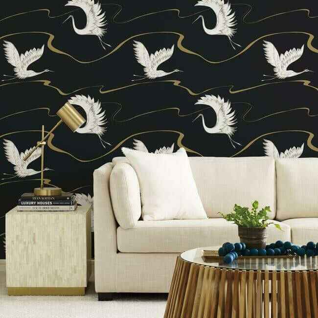 Soaring Cranes Black & Gold Wallpaper - York Wallcoverings - BW3871 - York Wallcoverings Wallpaper
