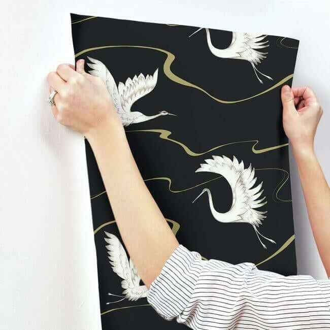 Soaring Cranes Black & Gold Wallpaper - York Wallcoverings - BW3871 - York Wallcoverings Wallpaper