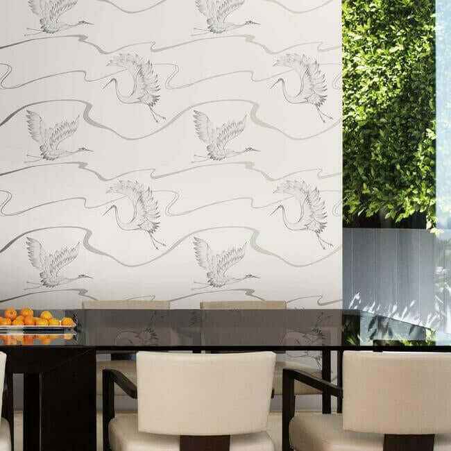 Soaring Cranes White & Silver Wallpaper - York Wallcoverings - BW3873 - York Wallcoverings Wallpaper