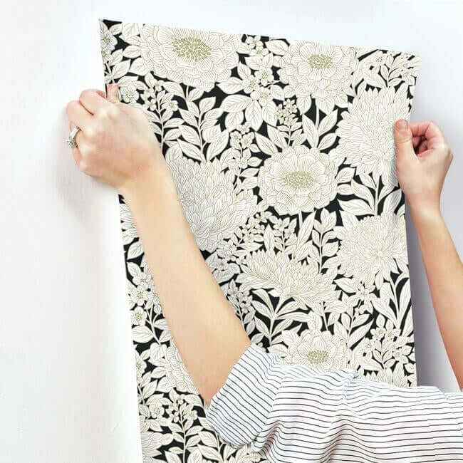 Wood Block Blooms Black & Gold Wallpaper - York Wallcoverings - BW3923 - York Wallcoverings Wallpaper