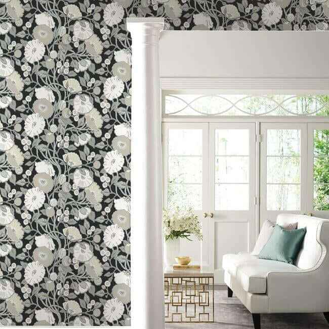 Vincent Poppies Black & Cream Wallpaper - York Wallcoverings - BW3981 - York Wallcoverings Wallpaper
