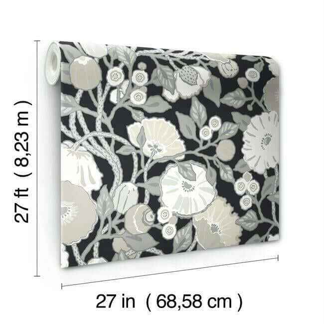 Vincent Poppies Black & Cream Wallpaper - York Wallcoverings - BW3981 - York Wallcoverings Wallpaper