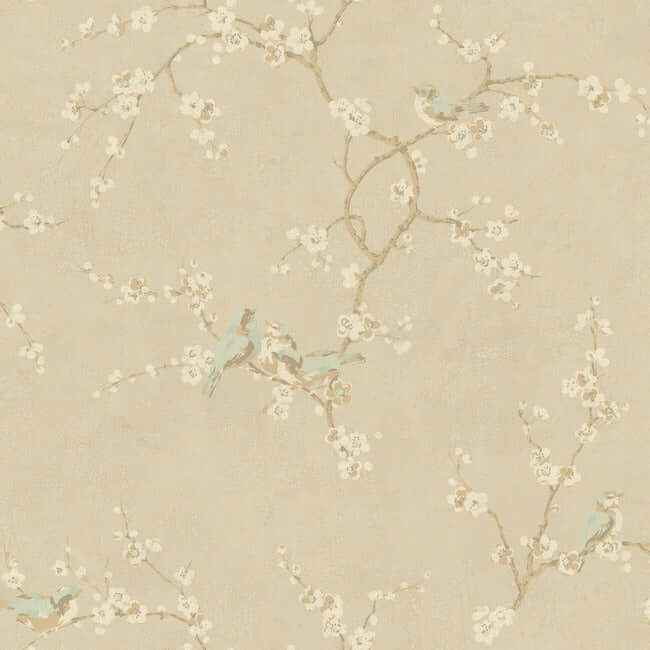 Birds with Blossoms Metallic Wallpaper - York Wallcoverings - HP0325 - York Wallcoverings Wallpaper