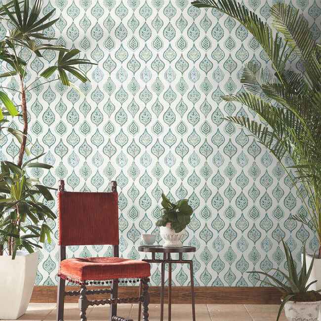 Marketplace Motif Pale Grey & Green Wallpaper - York Wallcoverings - MN1851