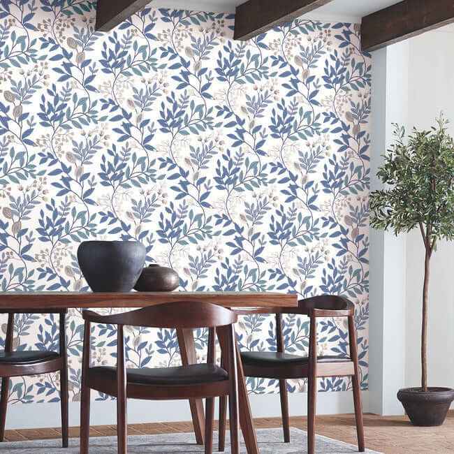 Eden Retreat White & Blue Wallpaper - York Wallcoverings - MN1842