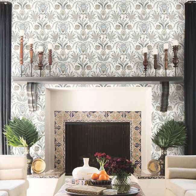 Seaside Jacobean Taupe & Blue Wallpaper - York Wallcoverings - MN1915