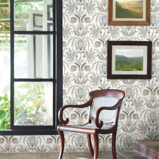 Seaside Jacobean Taupe & Blue Wallpaper - York Wallcoverings - MN1915 - York Wallcoverings Wallpaper