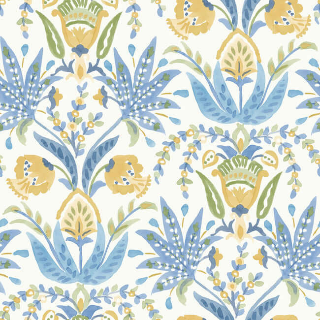 seaside-jacobean-yellow-blue-wallpaper-york-wallcoverings-mn1913 - York Wallcoverings Wallpaper