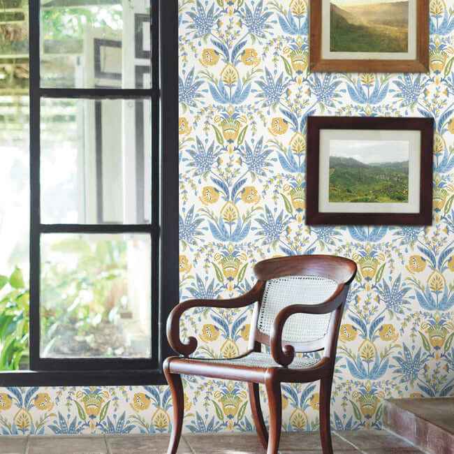 Seaside Jacobean Yellow & Blue Wallpaper - York Wallcoverings - MN1913 - York Wallcoverings Wallpaper