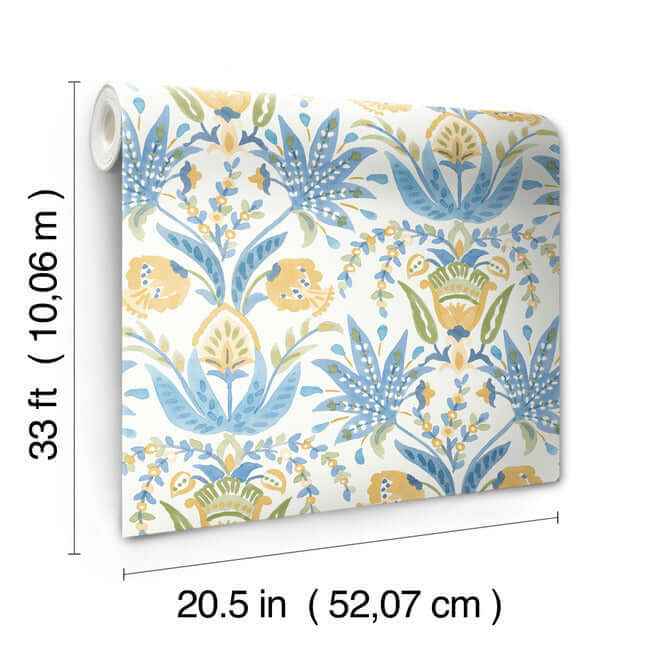 Seaside Jacobean Yellow & Blue Wallpaper - York Wallcoverings - MN1913 - York Wallcoverings Wallpaper