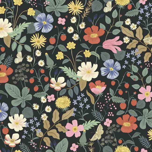 Strawberry Fields Black & Green Wallpaper - York Wallcoverings - RP7355