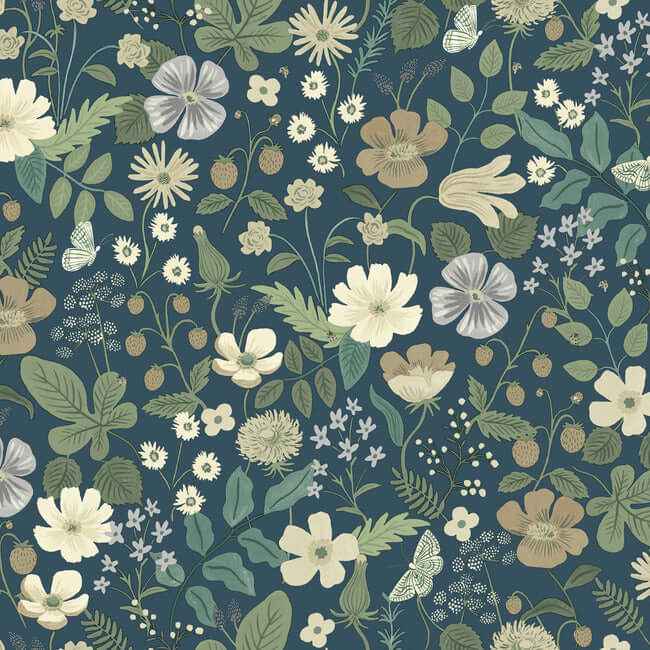 Strawberry Fields Blue & Green Wallpaper - York Wallcoverings - RP7359