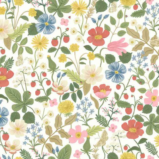 Strawberry Fields White & Red Wallpaper - York Wallcoverings - RP7354