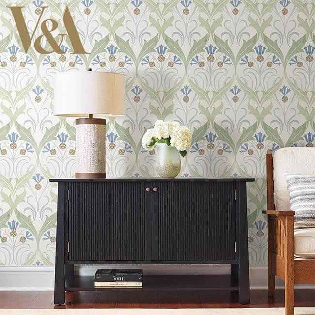 Pine Cone Ribbon Green & Blue Metallic Wallpaper - York Wallcoverings - AC9173 - York Wallcoverings Wallpaper