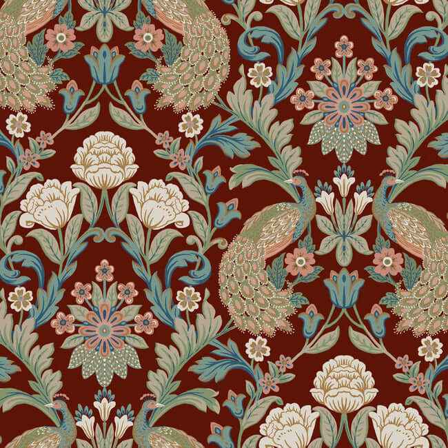 Plume Dynasty Red Metallic Wallpaper - York Wallcoverings - AC9106