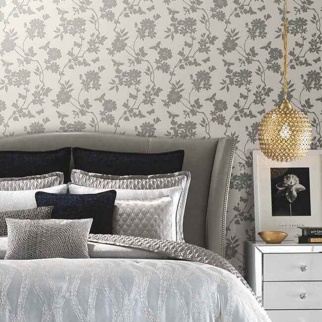 Flutter Vine White & Silver Wallpaper - York Wallcoverings - DT5023 - York Wallcoverings Wallpaper