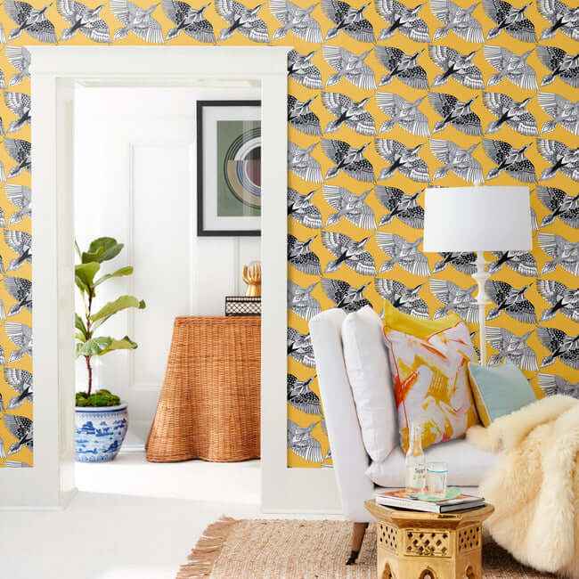 Feather Flight Yellow Peel & Stick Wallpaper - York Wallcoverings - PSW1350RL - York Wallcoverings Wallpaper