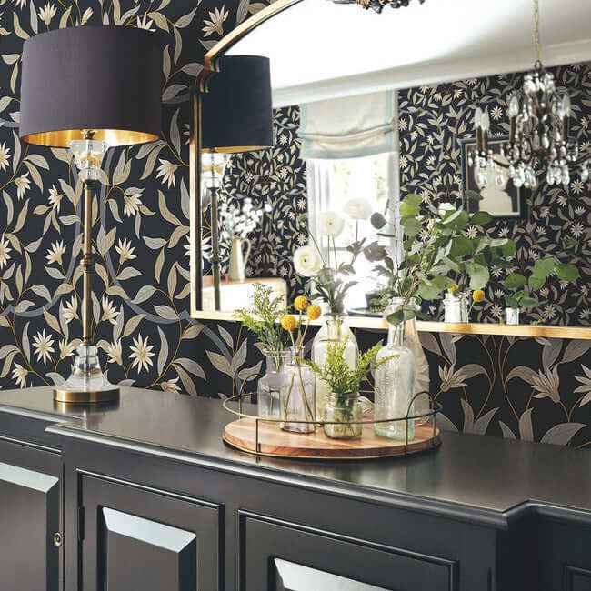 Jasmine Black Metallic Wallpaper - York Wallcoverings - GO8257 - York Wallcoverings Wallpaper