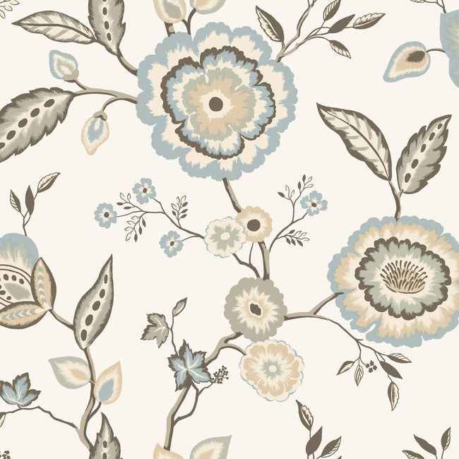 Dahlia Blooms Off White & Blue Wallpaper - York Wallcoverings - GO8234 - York Wallcoverings Wallpaper