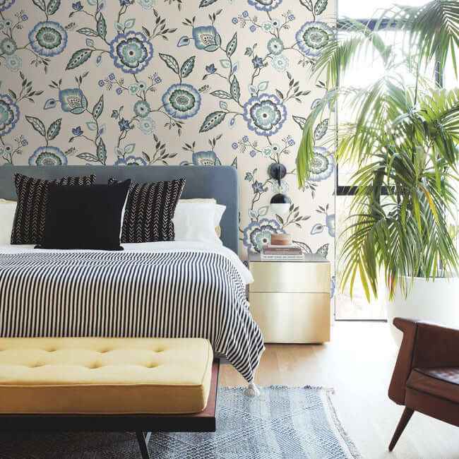 Dahlia Blooms Blue & White Wallpaper - York Wallcoverings - GO8231