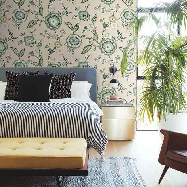 Dahlia Blooms Green & Beige Wallpaper - York Wallcoverings - GO8233 - York Wallcoverings Wallpaper